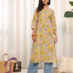 Varanga Mustard Yellow Cotton Printed Kurta-picture-44