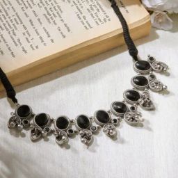 Priyaasi Black Brass Silver-Plated Stone Studded Oxidized Necklace-11