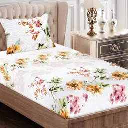 SEJ by Nisha Gupta Floral Brown 160 TC Cotton Single Bed Sheet with 1 Pillow Cover-image-86