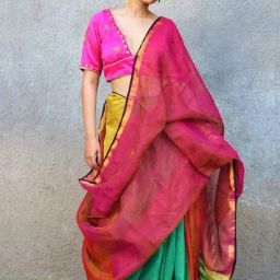 Chidiyaa Fitoor Pink Yellow Oceanic Blue Handwoven Linen Zari Saree Gazala-picture-32