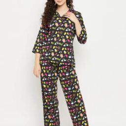Clovia Black Printed Shirt With Pyjamas-image-100