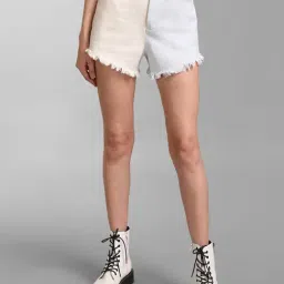 KZ07 by Kazo Off White & Light Grey Color-Block Denim Shorts-picture-4