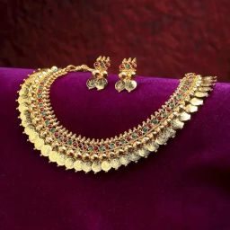 Zeneme Gold Plated Red Green Necklace and Earring Temple Jewellery Set-11