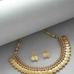 Zeneme Gold Plated Pearl Studded Intricate Textured Details Temple Jewellary Set-image-48