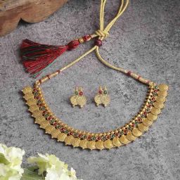 Zeneme Gold Plated Multi Stone Studded Temple Jewellery Set-25