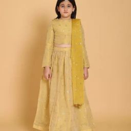 Piccolo Girls Gold Full Sleeves Leaves Embroidered Choli With Lehenga & Dupatta-image-7