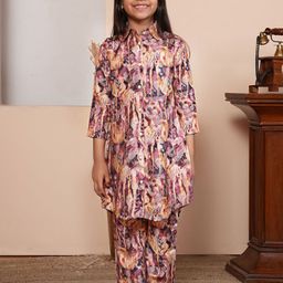 ADORNIA Girls Floral Printed Shirt Collar Straight Kurta With Trousers-29