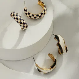 Aatmana Set of 2 Gold Plated Black White Enamelled Half Hoop Earrings-image-7