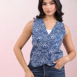 Janasya Blue Regular Fit Printed Jacket-image-52