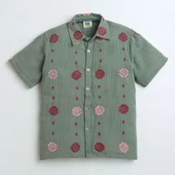Zip Zap Zoop Boys Olive Green Regular Fit Embroidered Shirt-image-4