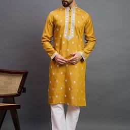 House of Pataudi Floral Embroidered Mandarin Collar Thread Work Straight Kurta-image-51