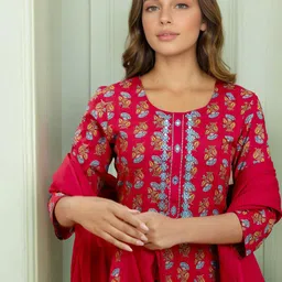 SKYLEE Women Ethnic Motifs Printed Straight Kurta with Trousers & Dupatta-picture-7