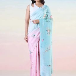 navyasa by liva Pink & Blue Printed Saree With Unstitched Blouse-image-61