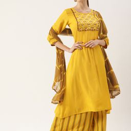 VAABA Women Mustard Yellow Ethnic Motifs Yoke Design Kurta with Palazzos & Dupatta-picture-58