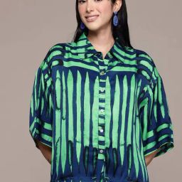 Label Ritu Kumar Blue & Green Loose Fit Striped Shirt-image-59