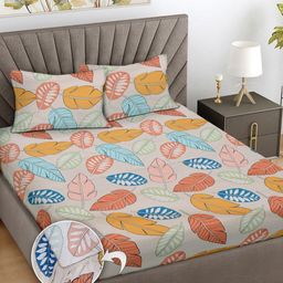 FABINALIV White & Yellow Floral 300 TC King Bedsheet with 2 Pillow Covers-99