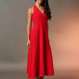 CORSICA Solid Halter Neck Fit & Flare Midi Dress-image-33