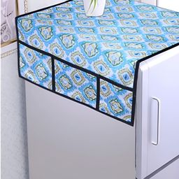 AAZEEM Blue & White Printed Fridge Top Cover With 6 Utility Pockets-17
