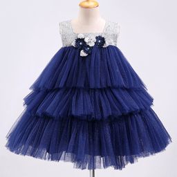 Bluebell Sleeveless Net DC Party Frock With Floral Applique & Sequine Detailing - Grey & Blue-5