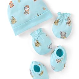 Babyhug 100% Cotton Interlock Castle Print Cap Mittens And Booties - Blue-picture-13