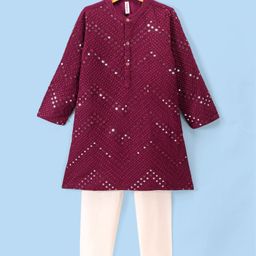 Babyhug Full Sleeves Mirror Embroidered Kurta with Solid Pyjama Set  - Magenta-image-8