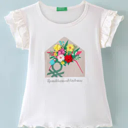 UCB Cotton Knit Frill Sleeves T-Shirt Floral Print- White-picture-22