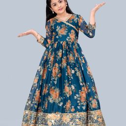 Fashion Dream Three Fourth Sleeves  Seamless Floral Pritned & Sequin Embellished Fit & Flare Tabby Silk Maxi Dress - Blue-image-5