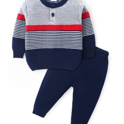 Babyhug Knitted Full Sleeves Striped Pullover Sweater Set - Navy Blue & Red-image-51
