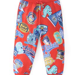 Babyhug Cotton Knit Full Length Lounge Pants With Varsity Print - Red-image-34