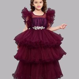 PinkChick Satin Ruffle Sleeves Pleated & Stone Embellished  Layered Party Gown - Burgundy-image-96