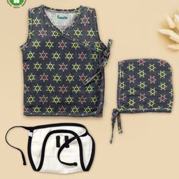 Pranava 100% Organic Cotton Sleeveless Geometric Printed Jhabla Cap & Nappy Set   Navy-image-83