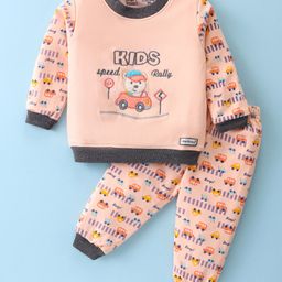 Little Darlings Quilted Knit Full  Sleeves Winter Wear T-Shirt & Pant Set with Bear Embroidery & Car Print  - Peach-11