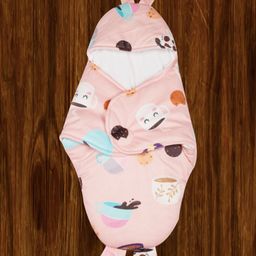 Mittenbooty Bunny Wrapper or swaddle in holland velvet Coffee print Peach-image-90