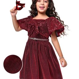 Hola Bonita Knit Half Flared Sleeves Glitter Party Frock with Sequin & Bow Detailing - Red-picture-16