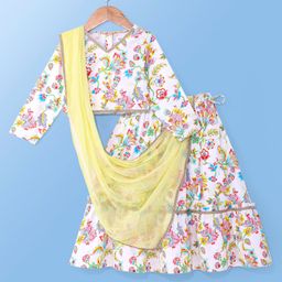 Babyoye Cotton Woven Full Sleeves Choli Lehenga Set with Dupatta & Floral Print - Off White-picture-3