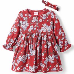 Babyhug Woven Full Sleeves Floral Printed Frock with Headband - Rust Orange-image-92