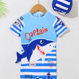 Babyhug Half Sleeves Legged Swimsuit with Cap Shark Print - Blue-picture-5