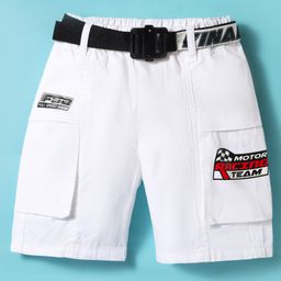 Kookie Kids Cotton Woven Knee Length Shorts & Belt With Race Theme Print - White-image-68