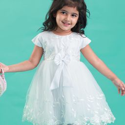 Babyhug Woven Cap Sleeves Party Dress With Floral Embroidery & Bow Applique - White-image-91
