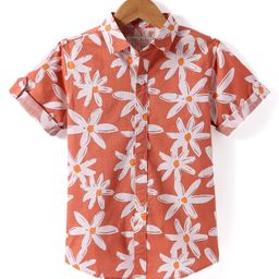 JASH KIDS Cotton Woven Half Sleeves Floral Printed Shirt - Rust Orange-image-67