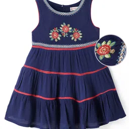 EARTHY TOUCH Crinkled Rayon Woven Sleeveless Flared Ethnic Dress With Floral Embroidery - Navy Blue-picture-41