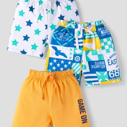 Babyhug Cotton Knit Mid Thigh Length Shorts with Stars & Text Print Pack of 3 - Blue Yellow & White-image-75