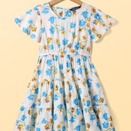 Pine Kids Cotton Woven Flutter Sleeves Frock with Floral Print - White & Light Blue-image-39