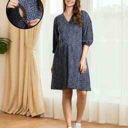 MomToBe Rayon Three Fourth Sleeves Abstract Printed Maternity Dress With Concealed Zipper Nursing Access - Navy Blue-picture-18
