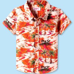 Babyhug Cotton Woven Half Sleeves Shirt with Beach Theme Print - Orange & Peach-image-49