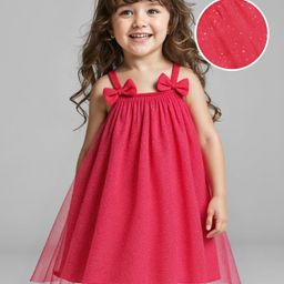 Babyhug Woven Sleeveless Shimmer Party A LineFrockWith Ruffles Bow Applique - Coral-image-53