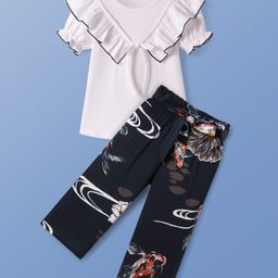 CrayonFlakes Cotton Half Peasant Sleeves Frill Detailed Top & Floral Printed Palazzo Set - Off White-image-37