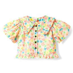 Babyhug Woven Puffed Sleeves Top with Floral Print - Cream-image-68