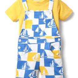 Babyhug Single Jersey Knit Half Sleeves T-Shirt & Dungaree With Boat Print - Yellow & Blue-picture-18