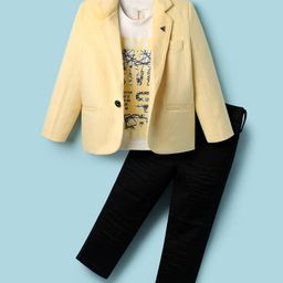 Dapper Dudes Full Sleeves Textured Blazer With Typographic Tee & Pant Set - Lemon-picture-10